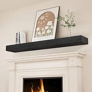SAUMONIERES Fireplace Mantel Shelves 55 Inch Solid Wood Wall Mounted Long Floating Shelf Hollow, Black