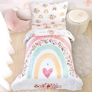 Toddler Bedding Sets for Girls, Rainbow Toddler Crib Bedding Set 4 Piece Pink Floral Toddler Comforter Set Includes Flat Top Sheet, Fitted Sheet, Comforter, Envelope Pillowcase, Soft & Comfort