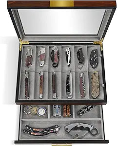 Ikkle Walnut Two-Tier Knife Display Case with Drawer and Real Glass Window Top for Knife Storage and Collections