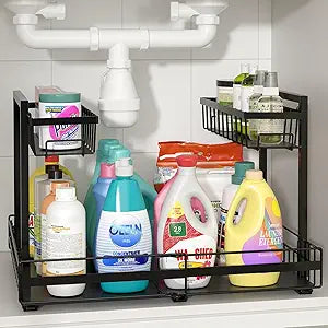 NADAMOO Expandable Under Sink Organizer 2-Tier Black Metal Storage Shelf, Adjustable Under Cabinet Organizer for Kitchen & Bathroom, Space-Saving Rack for Cleaning Supplies & Laundry Essentials