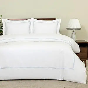 Dreamology White Duvet Cover Luxury Hotel-Quality 100% Cotton Sateen T300 Embroidered Duvet Cover with 2 Pillow Shams Hypoallergenic Button Closure 3 Pieces (Diamond Sky Blue, Queen)