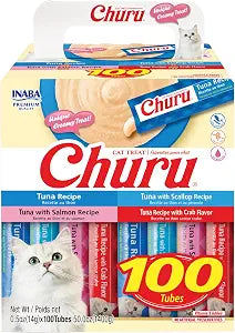 INABA Churu Cat Treats, Lickable, Squeezable Creamy Pure with Vitamin E, 0.5 Ounces per Tube, 100 Tubes Total, Tuna Variety