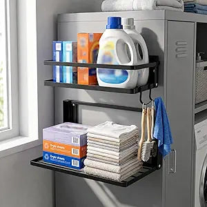 Magnetic Shelf for Washer Dryer, Foldable 2 Tier Metal Organizer Rack with Hooks, No Drill Laundry Room Side Storage, Magnetic Fridge Shelf for Refrigerator, Cabinet, Locker, RV