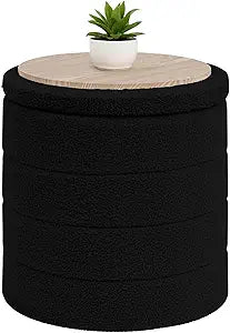 B FSOBEIIALEO Ottoman with Stroage, Round Sherpa Storage Ottoman Stool, Boucle Foot Rest 16.9"x16.9"x17.7"Black
