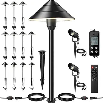 14-Light Low Voltage Landscape Lighting System, 12 Path Lights Kit+2 Spotlights, Aluminum, Plug-and-Play, IP65 Waterproof, Remote, Timer, 3000K Warm White, 140FT,72W 24V ETL Controller