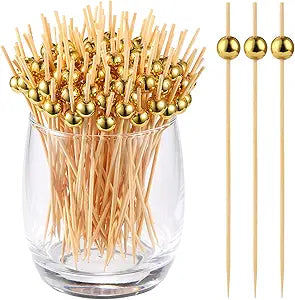 1000 Pcs Cocktail Picks, Gold Plastic Ball Decor Skewer for Appetizers, Fruit, Kebabs, Mini Burger, Bamboo Skewers for Drinks, Handheld Toothpicks, Food Sticks Natural, Kitchen Gadget