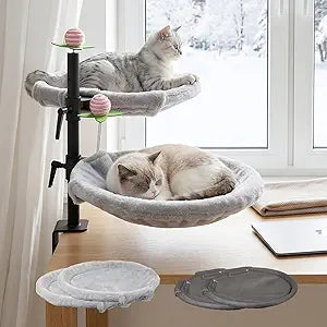 Double Cat Desk Bed, 360 Rotating & Adjustable Desk Mount with Soft Faux Fur & Breathable Mesh Accessories, Ergonomic Cat Perch for Remote Workers,Gamers, and Office Staff - Supports up to 44 lbs