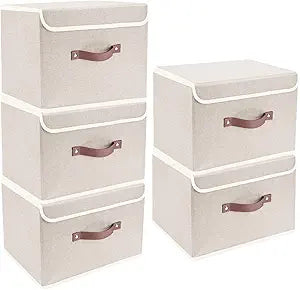 TYEERS Foldable Storage Boxes with Lids 5 Pack Fabric Storage Bins with Lids, Closet Organizers for Clothes Storage, Room Organization, Office Storage, Toys - Beige