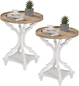 Wnutrees Farmhouse Round Accent End Table, Rustic Side Table Nightstands for Living Room, Wood Tray Top, Handcrafted Finish, Set of 2, White