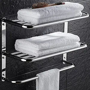 2-Tier Towel Rack Floating Shelf with Towel Bar, 20-Inch W x 8.25-Inch D Bathroom Hotel Towel Shelf, Wall Mount, Mounting Hardware Included,Polished Chrome