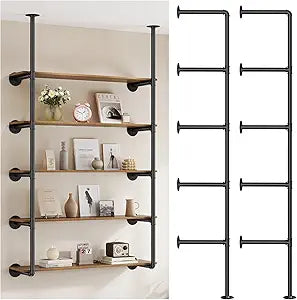 Industrial Iron Pipe Shelf Wall Mount, Farmhouse DIY Open Bookshelf, Pipe Shelves for Kitchen Bathroom, bookcases Living Room Storage, 2Pack of 5 Tier