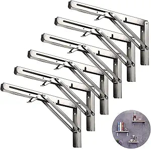 Folding Shelf Brackets 16 Inch, Heavy Duty Stainless Steel Collapsible Hinges Wall Mounted Angle L Bracket for Floating Shleves DIY Foldable Work Bench Table Desk - 6 Pack