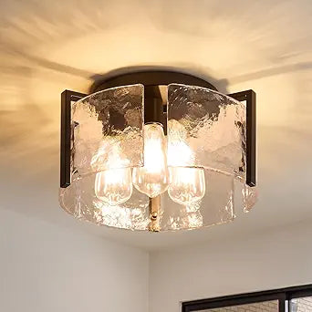 Modern Black Semi Flush Mount Ceiling Light Fixtures, 14" Drum Glass Kitchen Ceiling Light Fixture Mid Century Vintage Lights for Dining Room over Table Hallway Foyer Entryway Bathroom Laundry Bedroom