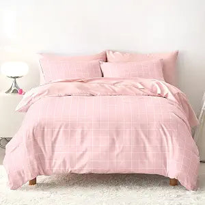 Wake In Cloud - Grid Bedding Set for Boys Girls, Modern Plaid Gingham Checkered, Soft Lightweight Comforter Set with Sheets, 5 Pieces Kids Bed in a Bag, Pink, Twin Size