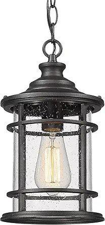 Emliviar Outdoor Hanging Pendant Light - 12 Inch Hanging Lantern for Front Porch, Seeded Glass Shade in Black Finish, XE229H BK
