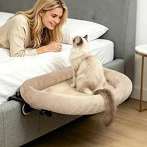 IPOW Heavy Duty Steel Frame 180Rotating Cat Bedside Bed Semi-Circular Cat Bed for Bedside, Soft Faux Rabbit Fur Material, Suitable for Various Desktops-Maximum Hold Up to 40lb