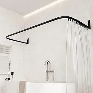 Erica 4 in 1 L & U-Shaped Shower Curtain Rod for Bathtubs, 27.5x65x27.5 Inches, Wall-Mounted Shower Curtain Pole, No Ceiling Support Needed, Curved Shower Rail, Black Powder-Coated Steel