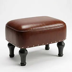 Cmishe Ottoman Leather Footrest,Vintage Footstool,Thickened Foam Upholstered Seat,Wooden Leg Foot Rest,Under Desk Shoe Bench Small Bench for Living Room Dining Room(Bronw)