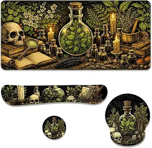 Dark Alchemy Desk Mat Set Witch Herbal Skull Study Large Mouse Pad with Wrist Rest 4in1 Desk Mat for Desktop Ergonomic Computer Desk Arm Wrist Anti-Slip Computer Mouse Pad Home Office Gaming