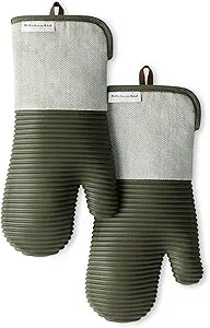 KITCHENAID Evergreen Design Series Herringbone Ribbed Soft Silicone Oven Mitts 2-Pack Set, Heat Resistant up to 500F, Flexible & Waterproof, Deep Forest Green, 7"x14"