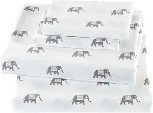 Linen Plus Sheet Set Elephant Grey/White Elephants Flat Sheet Fitted Sheet and Pillow Case Twin Size New