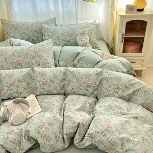 Duvet Cover Queen 3 Piecess Green Pink Floral Bedding Set for Girls Kids Colorful Botanical Flower Bedding Soft Breathable Microfiber Sage Green Comforter Cover with 2 Pillowcases