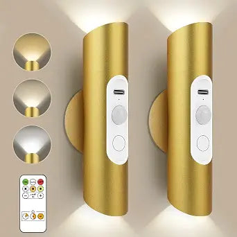 Lacasa Rechargeable Motion Sensor Wall Lights Indoor, Dimmable Wall Sconces Set of 2 Battery Operated Night Lights Remote Control, 3 Modes Magnetic Up and Down Light Decor for Bedroom Stairway, Gold