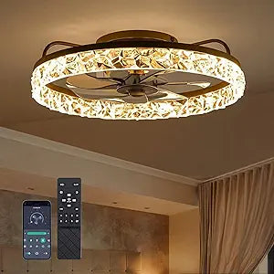 DIAMONDFORGE Ceiling Fans with Remote and Lights Fandelier - Modern Low Profile - 20'' Flush Mount Ceiling Fans for Bedroom,6 Speeds and Stepless Color Temperature- Crystal and Black