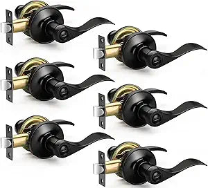 Sopoby 6 Pack Matte Black Door Handles Privacy Door Levers, Heavy Duty Wave Style Bed/Bath Door Locks Interior Door Knobs, Reversible Levers for Right/Left Handed Doors