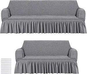 Fanfanwin 2 Pcs Sofa Slipcover Set for Couch Cushion Couch Cover with Skirt Durable Washable High Elastic Stretchable Furniture Covers for Sofa Loveseat Arm Chair(Gray)
