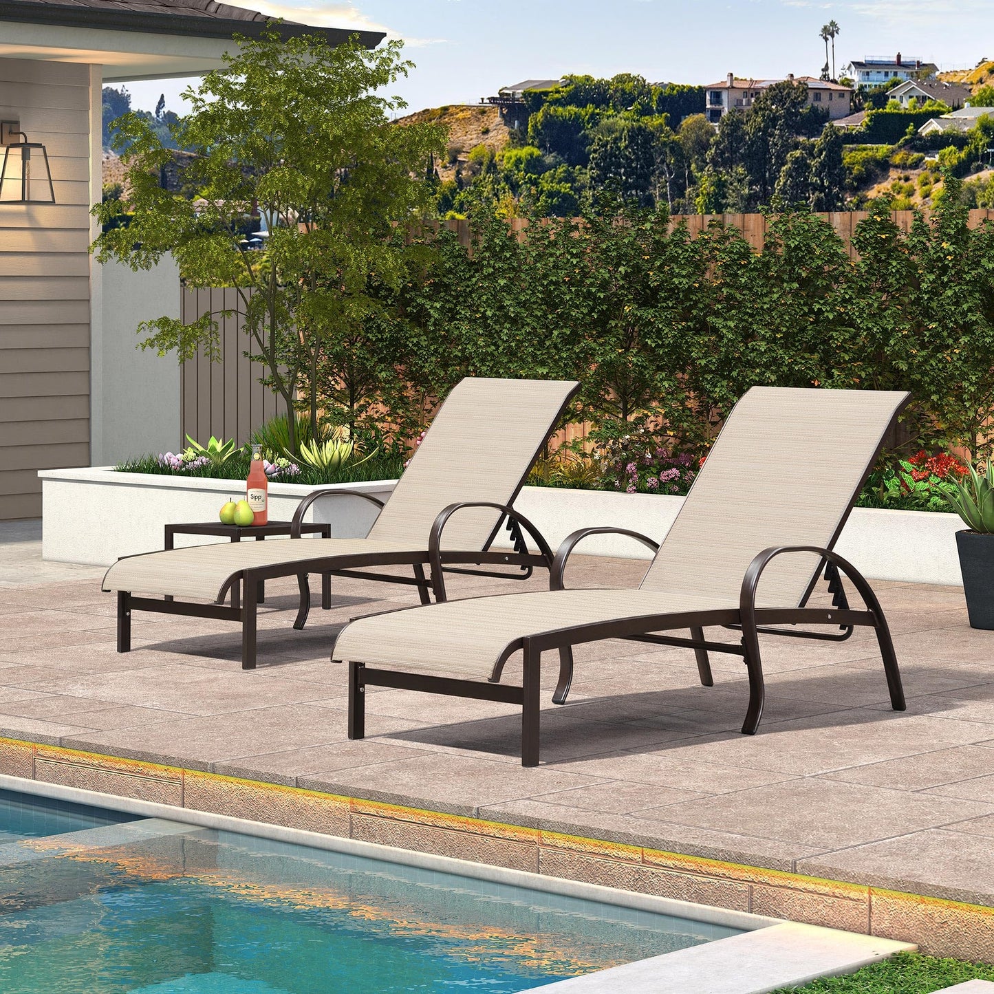 PURPLE LEAF White Frame Chaise Lounge Set of 2 Indigo Metal Frame Stationary Chaise Lounge Chair with Blue Solid Seat