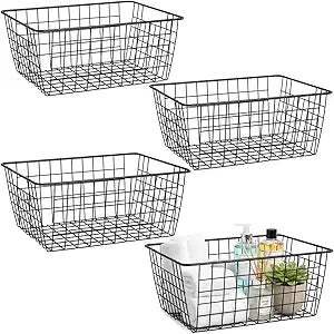 Metal Black Large Wire Basket Food Storage Organizer,pantry organizers and storage for Organizing Kitchen Cabinets potato onion, 4 Pack
