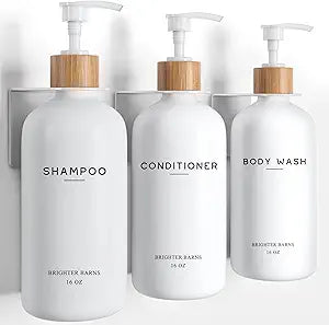 White Shampoo and Conditioner Dispenser Set Wall Mounted by Brighter Barns - Shower Dispenser 3 Chamber No Drill - Refillable Shampoo and Conditioner Bottles for Shower Wall in Airbnb, Hotel (White)