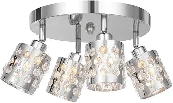 Luxury K9 Crystal Pivot Track Lighting Kit with Round Canopy Polished Chrome Finish, 4-Light Ceiling Flush Mount Modern Spotlights for Bathroom Living Room, Bedroom G9 LED Bulb Not Included