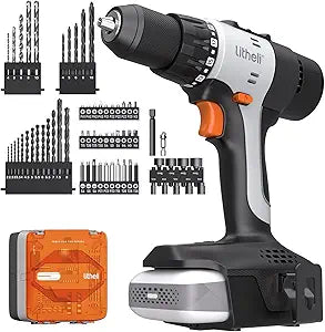 Litheli 20V Cordless Drill Driver Set, Electric Power Drill with 2 Variable Speed Settings, 1/2 Inch Keyless Chuck, 21+1 Clutch Settings with Maximum Torque of 443 In-lbs