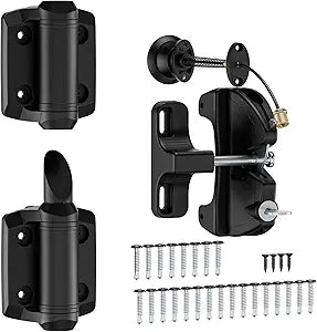Self-Closing Gate Hinges and Key Lockable Gate Latch Kit, Fence Gate Hardware Kit for Wooden Fence, Pool Safety Fence Adjustable Hinges and Double-Sided Latches Hardware for Metal, Woode