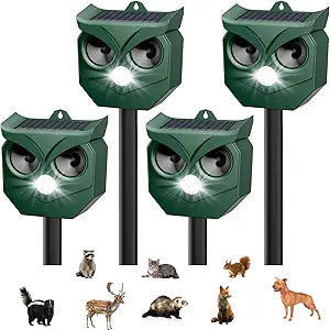 4 Pack Ultrasonic Animal Repeller with LED Strobe Lights - Outdoor Solar Powered for Squirrels, Deer, Raccoons, Rabbits, Skunks, Cats, Dogs - Protects Garden, Yard, Lawn, Farm & Crops