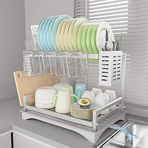 B-Land Dish Drying Rack: 2 Tier Dish Racks for Kitchen Counter - Large Rust Proof Dish Drying Rack with Aluminum - Detachable Dish Drainer Organizer with Utensil Holders Drainboard Silver
