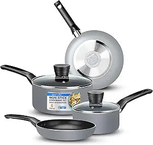 SereneLife Kitchenware Pots and Pans Set, Basic Kitchen Nonstick Cookware Set, Heat Resistant Lacquer (6-Piece Set), One Size, Gray