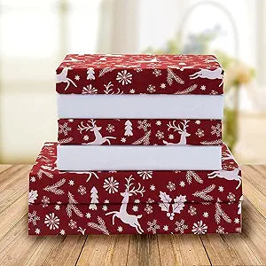 Elegant Comfort Holiday Printed 6-Piece Sheet Set, 1500 Thread Count, Breathable and Super Soft Material, Wrinkle Resistant, Fitted Sheets with Smart Pockets, 6PC Queen, Burgundy Reindeer