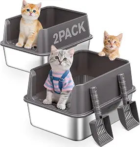 KITCATY 2PACK Stainless Steel Cat Litter Box, 17" L x 13" W x10 H Metal Kitty Litter Box with Lid, Suitable for Small and Medium-Sized Cats Never Absorbs Odors, Leak-Proof, Non-Sticky, Easy to Clean