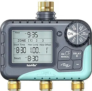RAINPOINT 3 Zone Water Timer with Brass Inlet & Outlet, 3 Custom Watering Plans Sprinkler Timer, Featuring IP65 Waterproof,Rain Delay, Manual & Automatic Watering with Large LCD for Yard, 2026 Ver.