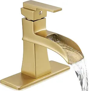 Gold Bathroom Sink Faucet 1 Hole, Brass Waterfall Faucet for Bathroom Sink, 4 Inch 3 Hole with Single Handle, Deck Plate & cUPC Water Hoses for Antique Vanity Lavatory, Not Included Pop-up Drain
