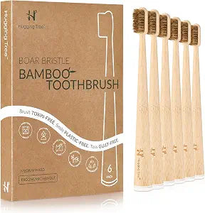 Boar Bristle Bamboo Toothbrushes, Natural Boar Hair, Plastic Free, 6 Pack