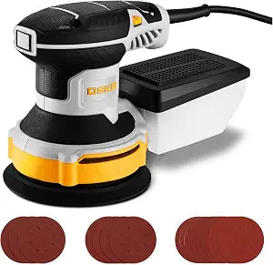Orbital Sander Corded Hand Sander: DEKOPRO 5" Random Orbital Sander with Dust Box, 6 Various Speeds Electric Palm Sander with Dust Box, 16Pcs Sandpapers for Woodworking & Sanding-Yellow