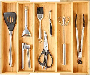 Umilife Expandable Kitchen Drawer Organizer, 2.5" High Bamboo Utensils Silverware Tray, Adjustable Large Deep Wood Organization Holder