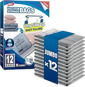 TAILI 12 Pack Vacuum Storage Bags, LONG SIDE ZIP (39x28 inch) Vacuum Seal Bags for Clothing, Jumbo Storage Space Saver for Beddings, Comforters, Blanket, Pillows and Clothes