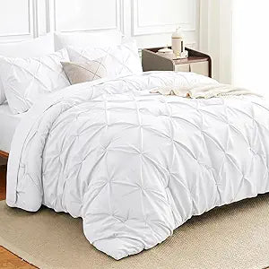 HIMEET Oversized King Comforter Set White - 7 Pieces Pintuck Bed in a Bag, Pinch Pleat Modern Room Decor, All-Season Soft Bedding Gift with Comforter, Sheets, Pillowcases & Shams