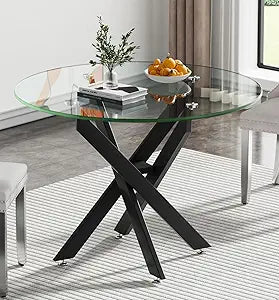 Round Dining Table for 2-4 People, Modern Glass Kitchen Table, 36" Small Dining Coffee Table, Clear Tempered Glass Tabletop with Black Metal Legs for Home, Conference, Office & Restaurant