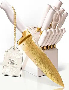 STYLED SETTINGS Knife Set with Built-in Sharpener 14 PC Golden Titanium-Coated Stainless Steel Blades with Elegant Floral Pattern, Ultra-Sharp, Durable Kitchen Knife Block Set